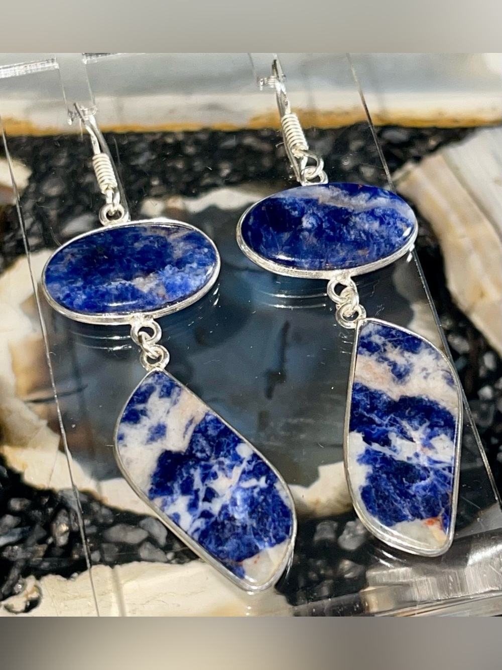 “The Mental Enhancer Stone “ Navy Sodalite Earrings 2 1/2”